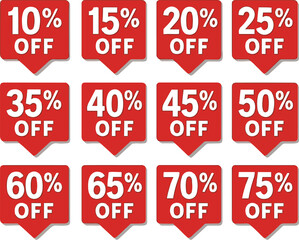 Collection of red sale discount tags showing percentage off