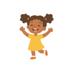 Joyful girl cartoon illustration. Excited girl with curly hair jumping, great for kids, school, and fun projects.