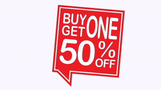 Red sign for buy one get one 50% off promotion at a store, ideal for retail sales or marketing concepts.