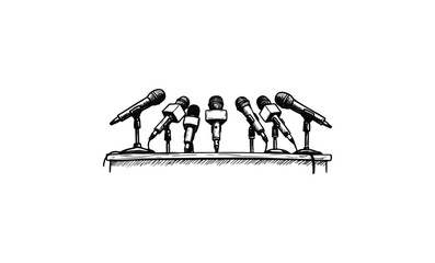 Obraz premium Conference podium with multiple microphones for public speaking. Vector retro hand drawn illustration