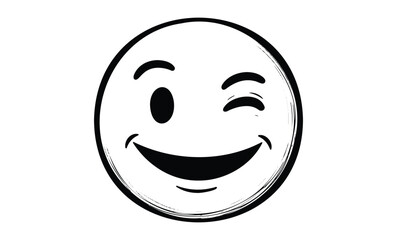 Fototapeta premium Winking smiley face: playful black and white emoji illustration. Vector retro hand drawn illustration