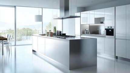 White kitchen with large island, stainless steel appliances, and modern range hood