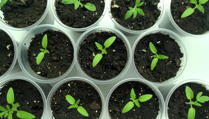Small tomato seedlings in plastic pots