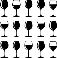 Wine Glass Icons Set of 15 Elegant Black and White Illustrations
