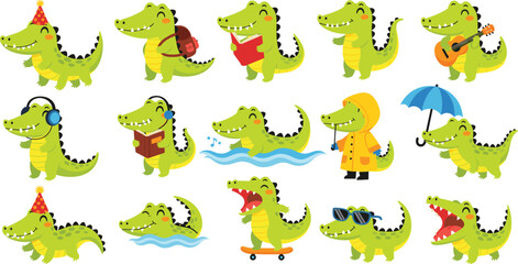 Cartoon crocodile character in playful poses with accessories, perfect for children’s books, educational materials, and fun vector design projects