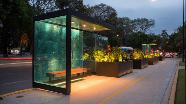 Modern bus stop design with teal glass and landscaping