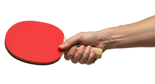 Holding ping pong paddle in hand ready to play game