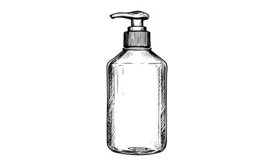 Monochrome sketch of pump dispenser bottle for liquid products. Vector retro hand drawn illustration