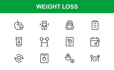 Weight Loss Fitness Health Professional Line Icon Set – Modern Minimal Outline Vector Icons for Wellness and Diet