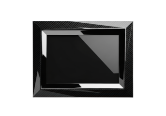 Empty, ultra-modern black carbon fiber photo frame with sharp angular corners and reflective border, isolated on transparent background with shadow, concept of future and minimalist design