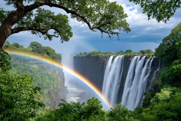 Victoria falls creating stunning rainbow over lush green forest