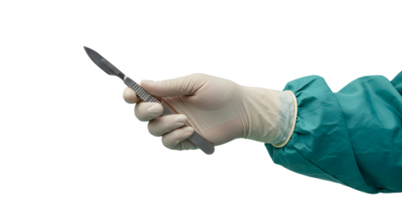 Holding scalpel by medical professional wearing surgical glove and gown