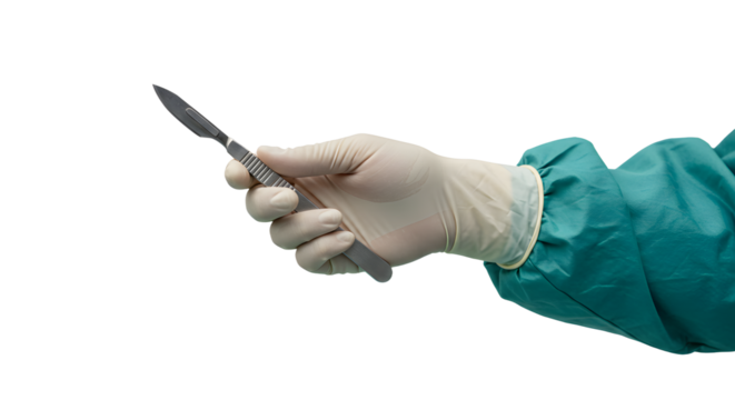 Holding scalpel by medical professional wearing surgical glove and gown