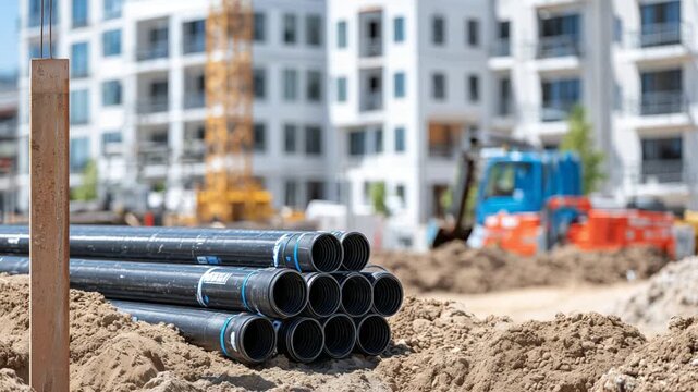 Close-up of a coiled black plastic pipe on sandy soil, with construction elements and steel rods in the background.