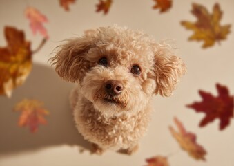 Autumn Toy Poodle Portrait with Floating Maple and Oak Leaves — Happy Fall Dog Photo for Veterinary, Grooming, and Pet Shop Branding
