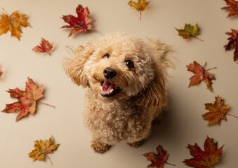 Autumn Toy Poodle Portrait with Floating Maple and Oak Leaves — Happy Fall Dog Photo for Veterinary, Grooming, and Pet Shop Branding