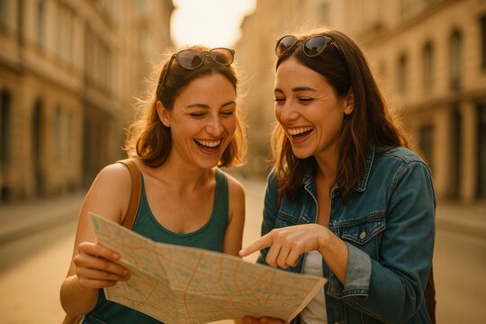 Two friends exploring city with map on summer vacation travel adventure
