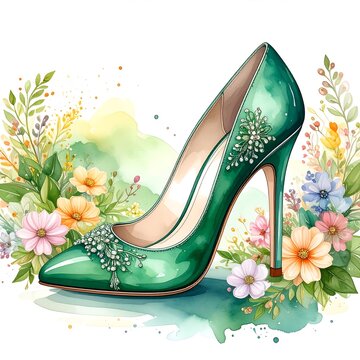 Emerald green high-heeled shoe, adorned with jewels, surrounded by colorful flowers and foliage