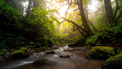 Obraz premium Lush forest stream in morning light