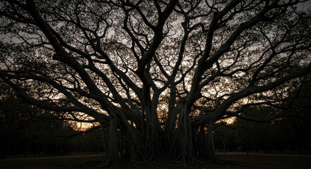 Fototapeta premium Silhouette of a massive fig tree at sunset, intricate branches reaching towards the sky.