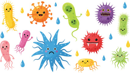 Cartoon Microbes and Bacteria Characters – Colorful Funny Germs with Expressions for Education, Hygiene, Science, Kids, and Medical Concepts