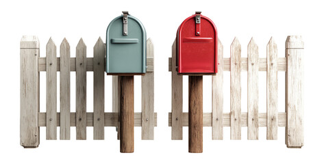 Colorful Mailboxes on Wooden Fence with Transparent Background for Graphic Design