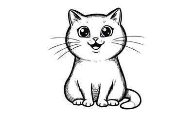 Obraz premium Cute black and white illustration of a smiling cartoon cat with whiskers. Vector retro hand drawn illustration