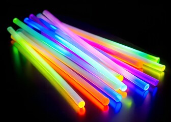 Vibrant collection of assorted color glow sticks scattered on a dark surface