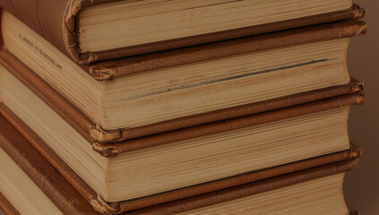 Naklejka premium Stack of Old Books Close-up with Leather Binding and Aged Pages