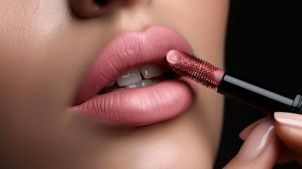 Woman applying pink lipstick on full lips makeup closeup