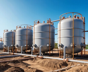 Obraz premium Industrial Steel Oil Storage Tanks in Refinery Complex