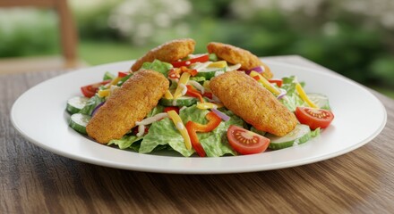 Crispy chicken tenders atop a fresh salad on a white plate.