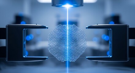 Extreme Macro View of Iridescent Graphene Sheet with Atomic Structure Under Blue Laser in Nanotechnology Lab, Highlighting Cutting-Edge Material Science and Microscopic Innovation