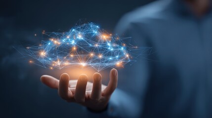 A hand holds a glowing cloud of interconnected lines and lights, symbolizing technology, connectivity, and innovation in a digital landscape.