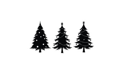 Obraz premium Three festive christmas trees with ornaments and decorations in silhouette. Vector retro hand drawn illustration