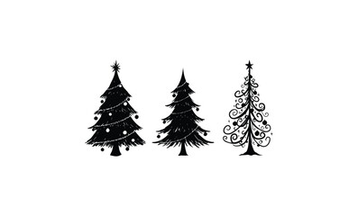 Obraz premium Black silhouette christmas trees with ornaments and swirls. Vector retro hand drawn illustration