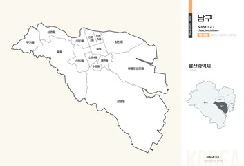 Obraz premium 울산광역시 남구 행정동 윤곽선 지도