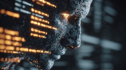 Futuristic Digital Human Face in Dark Tech Environment with Glowing Data Streams