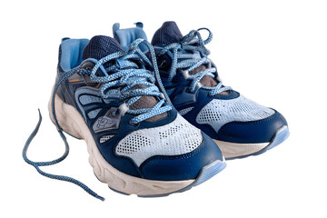 A pair of stylish blue running sneakers on a white bckground