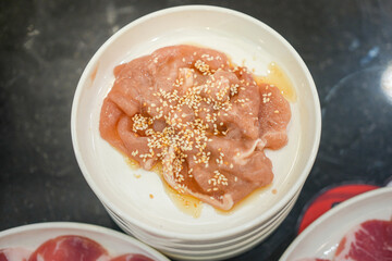 Marinated pork or chicken meat served in the dish for BBQ grilling meal. Food and object photo, close-up.