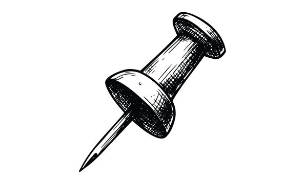 Detailed sketch of a classic push pin with cross-hatching technique. Vector retro hand drawn illustration