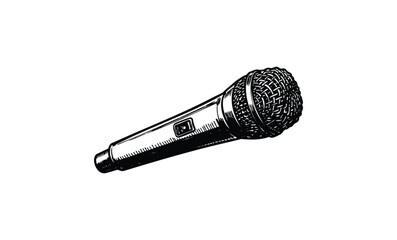Detailed black and white microphone illustration with textured design. Vector retro hand drawn illustration