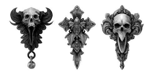 Detailed Black and White Skull Illustrations with Ornate Designs and Shapes