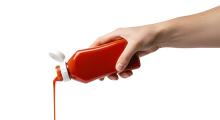 Pouring Red Sauce from Bottle Held by Hand Isolated on White