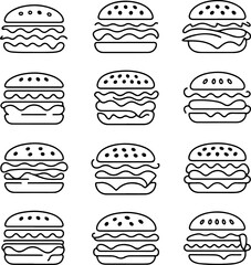 A comprehensive set of delicious burger continuous line illustrations, offering diverse designs for menus, fast food branding, and creative culinary projects