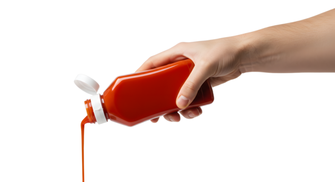 Pouring Red Sauce from Bottle Held by Hand Isolated on White