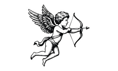 Fototapeta premium Vintage cupid illustration: winged cherub with bow and arrow. Vector retro hand drawn illustration