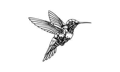 Naklejka premium Intricate mechanical hummingbird design with geometric patterns. Vector retro hand drawn illustration