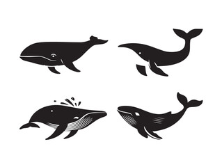 Whale Icon Set in Strong Silhouette Vector for Marine Life