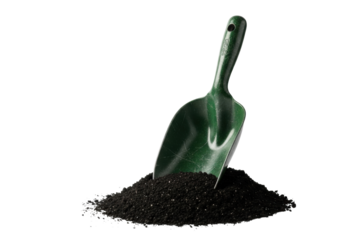 A sturdy, dark green recycled metal garden scoop, weathered and textured, embedded in deep black potting soil with scattered soil on a transparent background. Concept of sustainable gardening